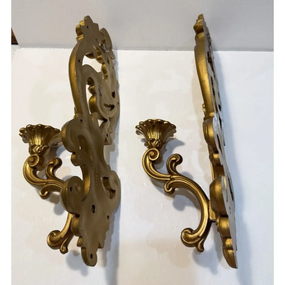 Vintage 1971 Homco Ornate Floral Scroll Wall Sconces Candle Holders Hollywood